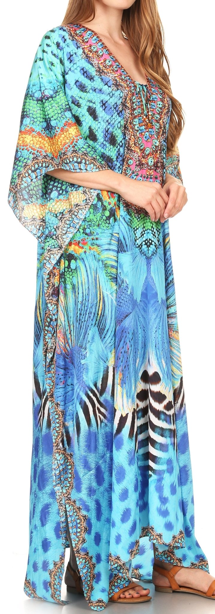 Sakkas Milanna Women's V neck Short Sleeve Vibrant Print Caftan Dress Cover-up dresses La Vie Bien Sakkas Milanna Women's V neck Short Sleeve Vibrant Print Caftan Dress Cover-up