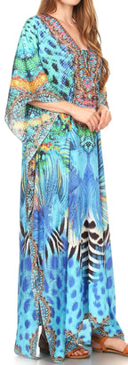 Sakkas Milanna Women's V neck Short Sleeve Vibrant Print Caftan Dress Cover-up dresses La Vie Bien Sakkas Milanna Women's V neck Short Sleeve Vibrant Print Caftan Dress Cover-up