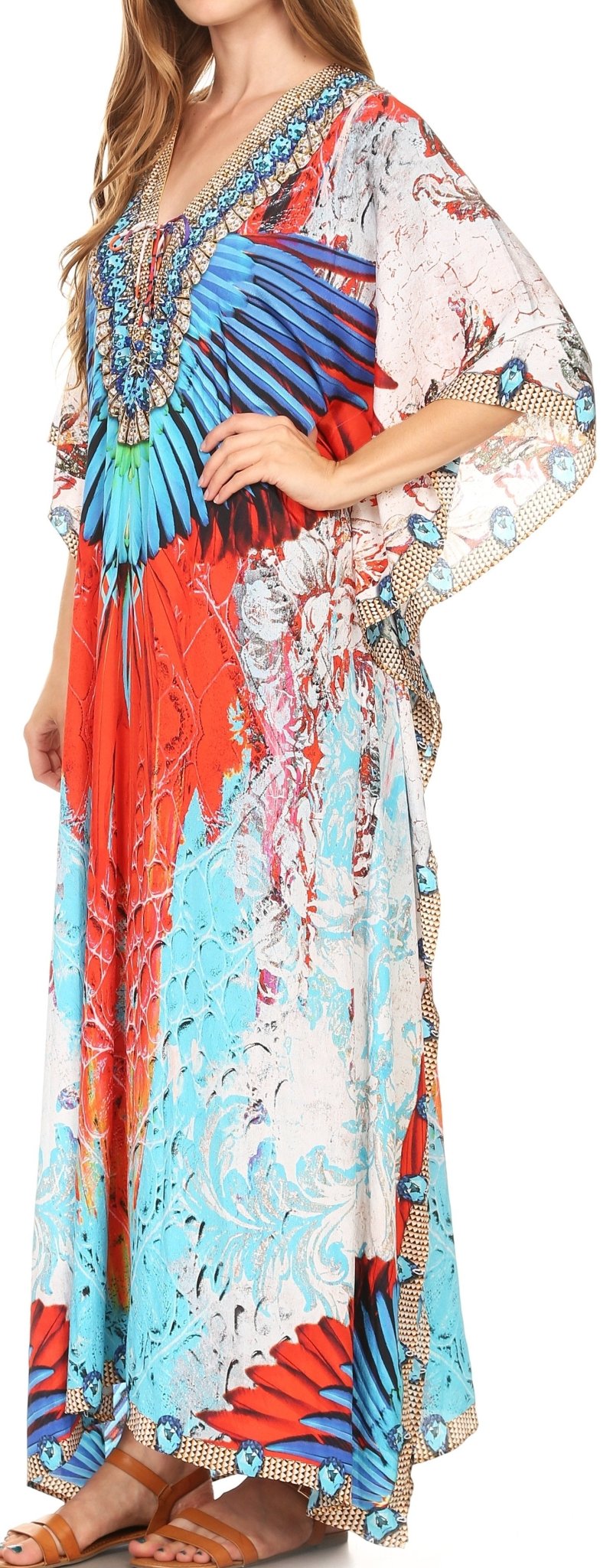 Sakkas Milanna Women's V neck Short Sleeve Vibrant Print Caftan Dress Cover-up dresses La Vie Bien Sakkas Milanna Women's V neck Short Sleeve Vibrant Print Caftan Dress Cover-up