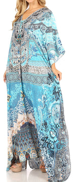Sakkas Milanna Women's V neck Short Sleeve Vibrant Print Caftan Dress Cover-up dresses La Vie Bien Sakkas Milanna Women's V neck Short Sleeve Vibrant Print Caftan Dress Cover-up
