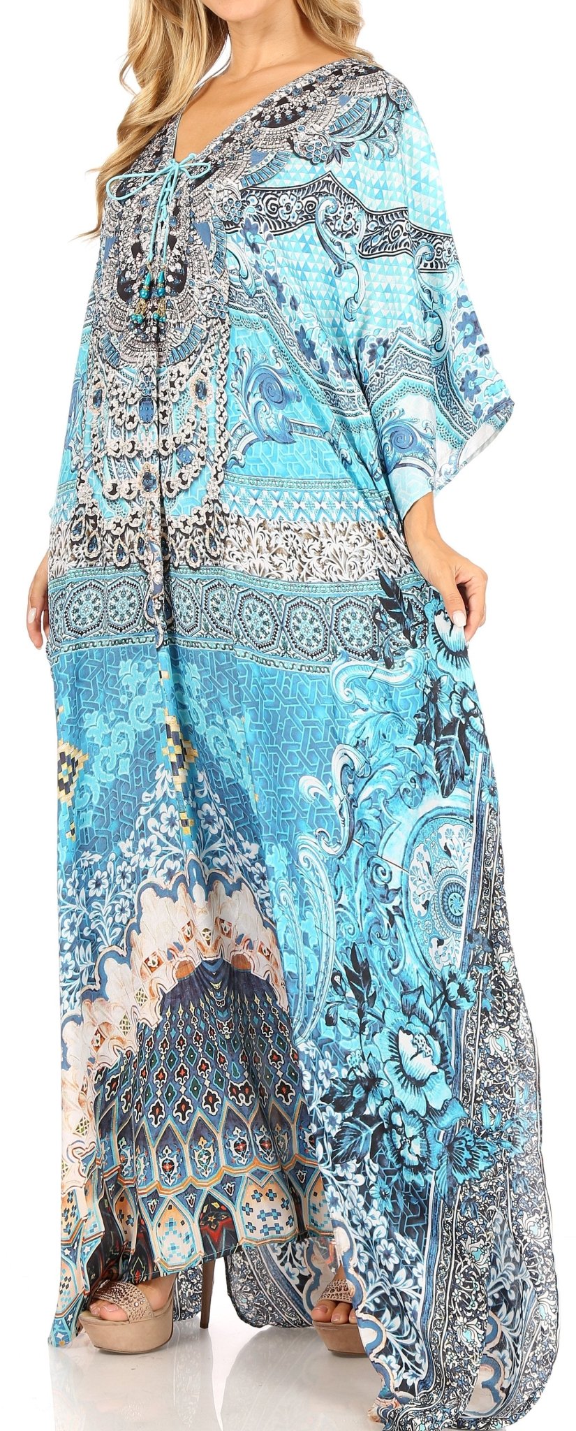 Sakkas Milanna Women's V neck Short Sleeve Vibrant Print Caftan Dress Cover-up dresses La Vie Bien Sakkas Milanna Women's V neck Short Sleeve Vibrant Print Caftan Dress Cover-up
