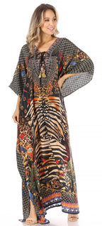 Sakkas Milanna Women's V neck Short Sleeve Vibrant Print Caftan Dress Cover-up dresses La Vie Bien Sakkas Milanna Women's V neck Short Sleeve Vibrant Print Caftan Dress Cover-up