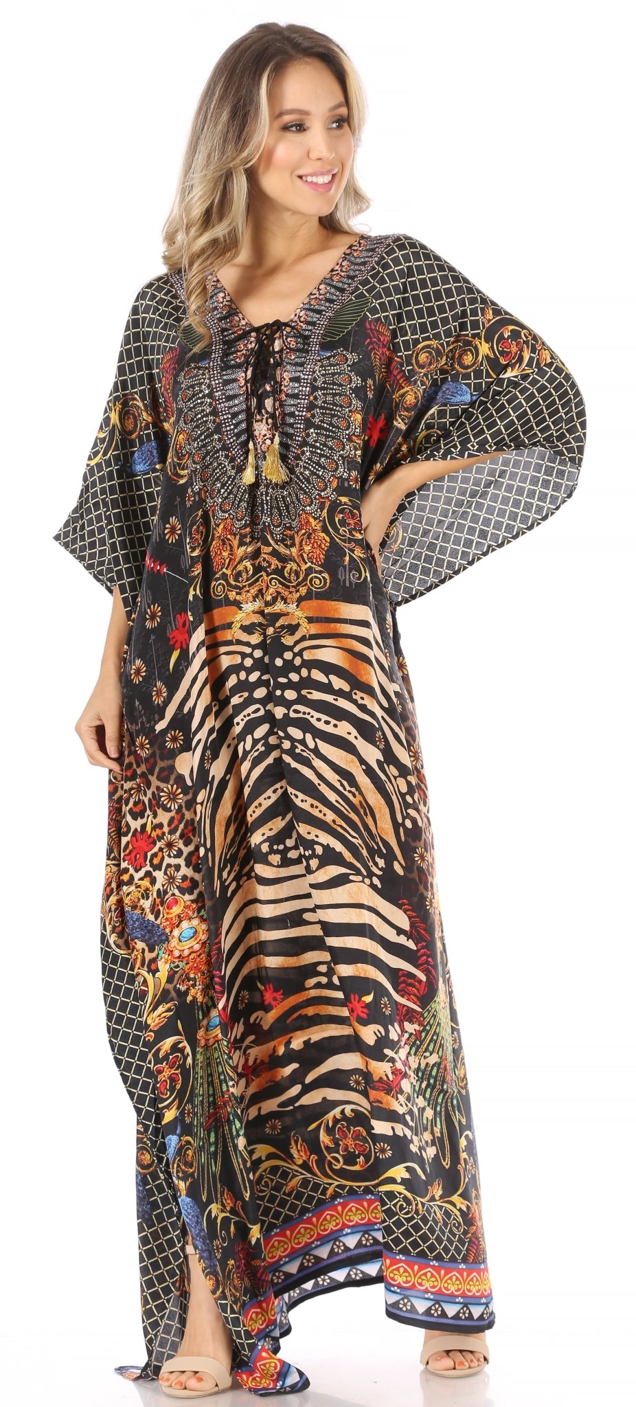 Sakkas Milanna Women's V neck Short Sleeve Vibrant Print Caftan Dress Cover-up dresses La Vie Bien Sakkas Milanna Women's V neck Short Sleeve Vibrant Print Caftan Dress Cover-up
