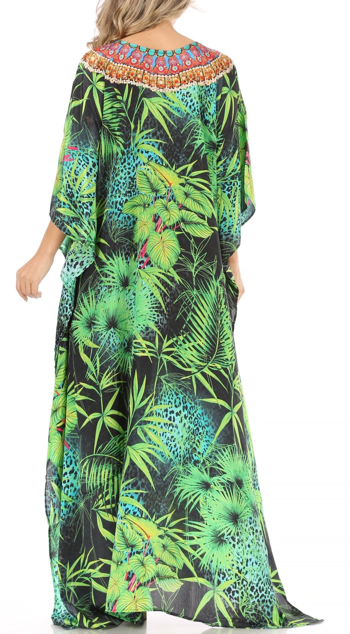Sakkas Milanna Women's V neck Short Sleeve Vibrant Print Caftan Dress Cover-up dresses La Vie Bien Sakkas Milanna Women's V neck Short Sleeve Vibrant Print Caftan Dress Cover-up