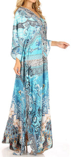 Sakkas Milanna Women's V neck Short Sleeve Vibrant Print Caftan Dress Cover-up dresses La Vie Bien Sakkas Milanna Women's V neck Short Sleeve Vibrant Print Caftan Dress Cover-up