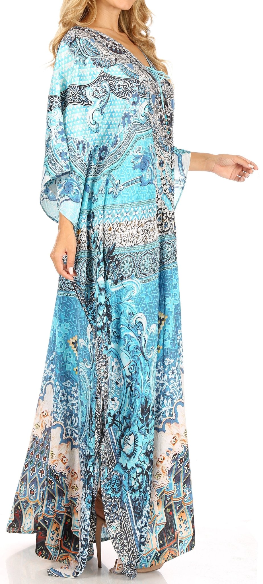 Sakkas Milanna Women's V neck Short Sleeve Vibrant Print Caftan Dress Cover-up dresses La Vie Bien Sakkas Milanna Women's V neck Short Sleeve Vibrant Print Caftan Dress Cover-up