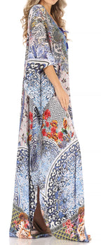 Sakkas Milanna Women's V neck Short Sleeve Vibrant Print Caftan Dress Cover-up dresses La Vie Bien Sakkas Milanna Women's V neck Short Sleeve Vibrant Print Caftan Dress Cover-up