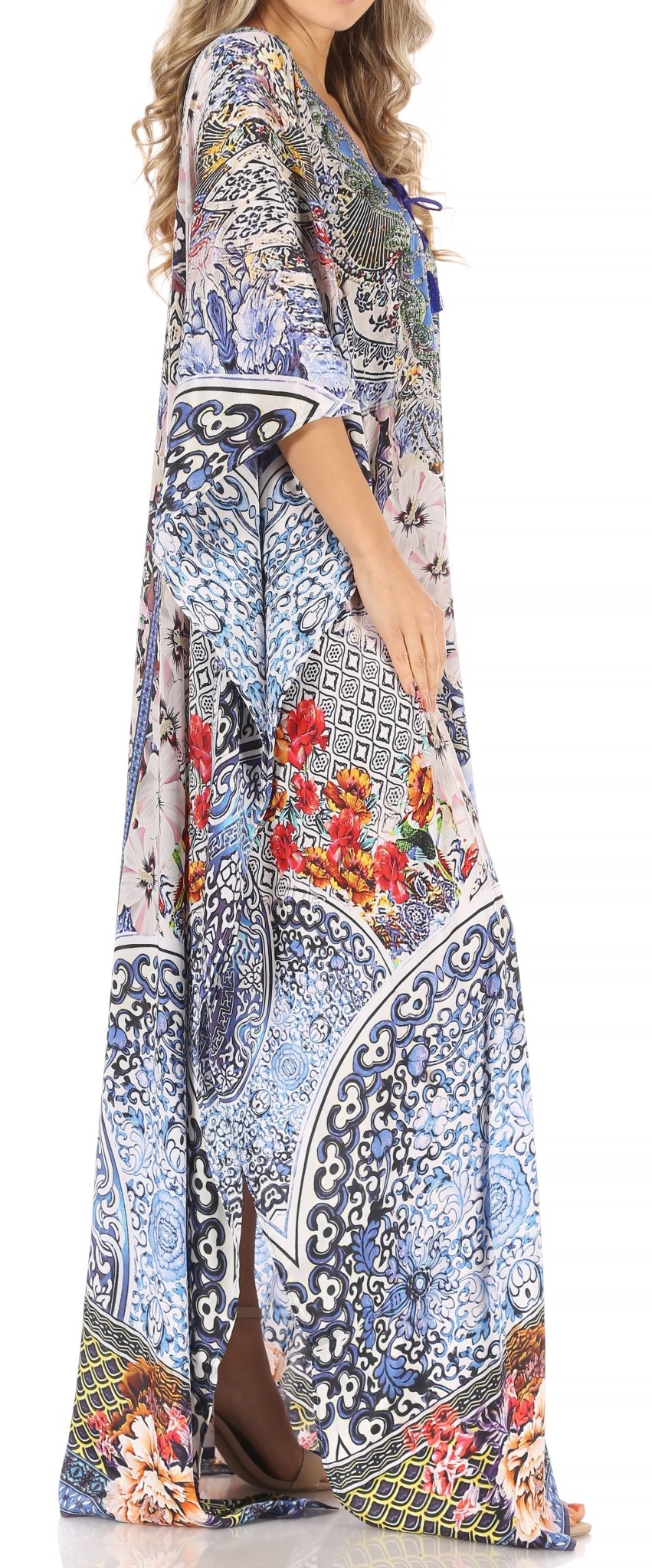 Sakkas Milanna Women's V neck Short Sleeve Vibrant Print Caftan Dress Cover-up dresses La Vie Bien Sakkas Milanna Women's V neck Short Sleeve Vibrant Print Caftan Dress Cover-up