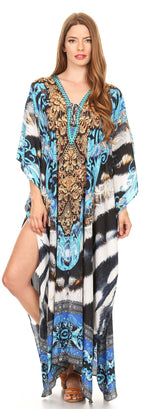 Sakkas Milanna Women's V neck Short Sleeve Vibrant Print Caftan Dress Cover-up dresses La Vie Bien Sakkas Milanna Women's V neck Short Sleeve Vibrant Print Caftan Dress Cover-up