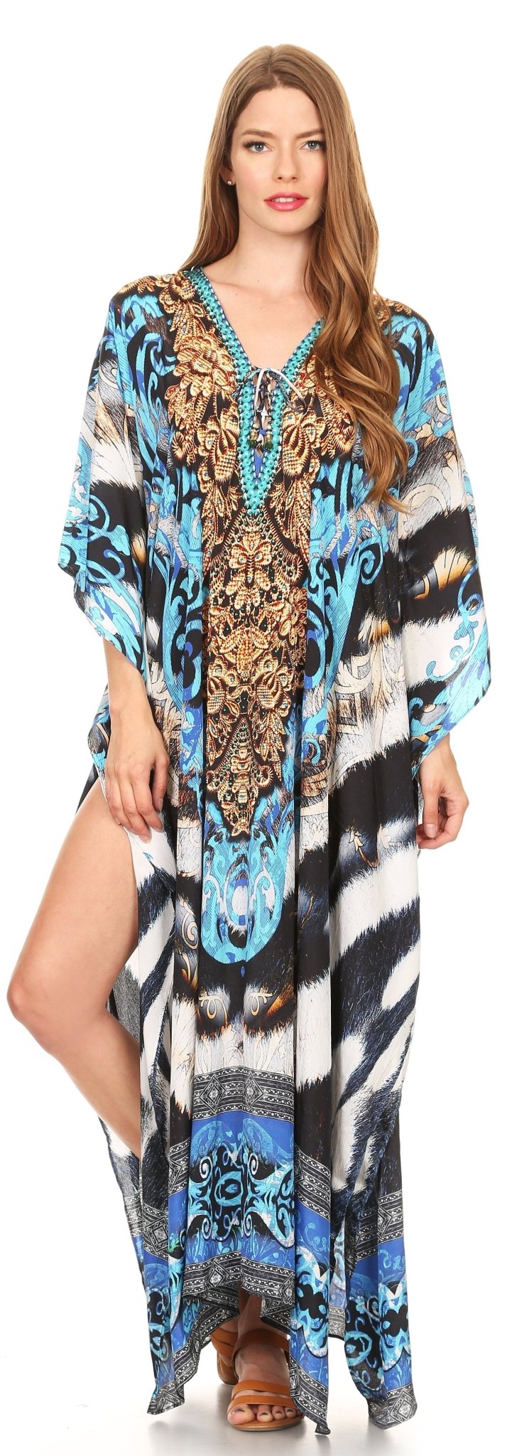 Sakkas Milanna Women's V neck Short Sleeve Vibrant Print Caftan Dress Cover-up dresses La Vie Bien Sakkas Milanna Women's V neck Short Sleeve Vibrant Print Caftan Dress Cover-up