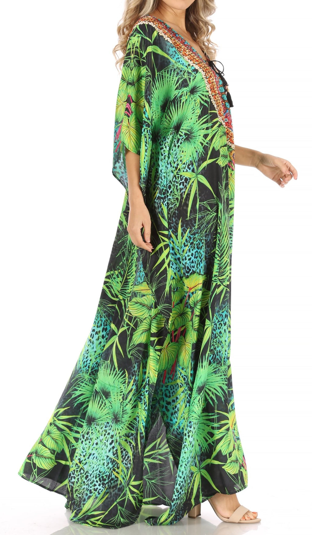 Sakkas Milanna Women's V neck Short Sleeve Vibrant Print Caftan Dress Cover-up dresses La Vie Bien Sakkas Milanna Women's V neck Short Sleeve Vibrant Print Caftan Dress Cover-up