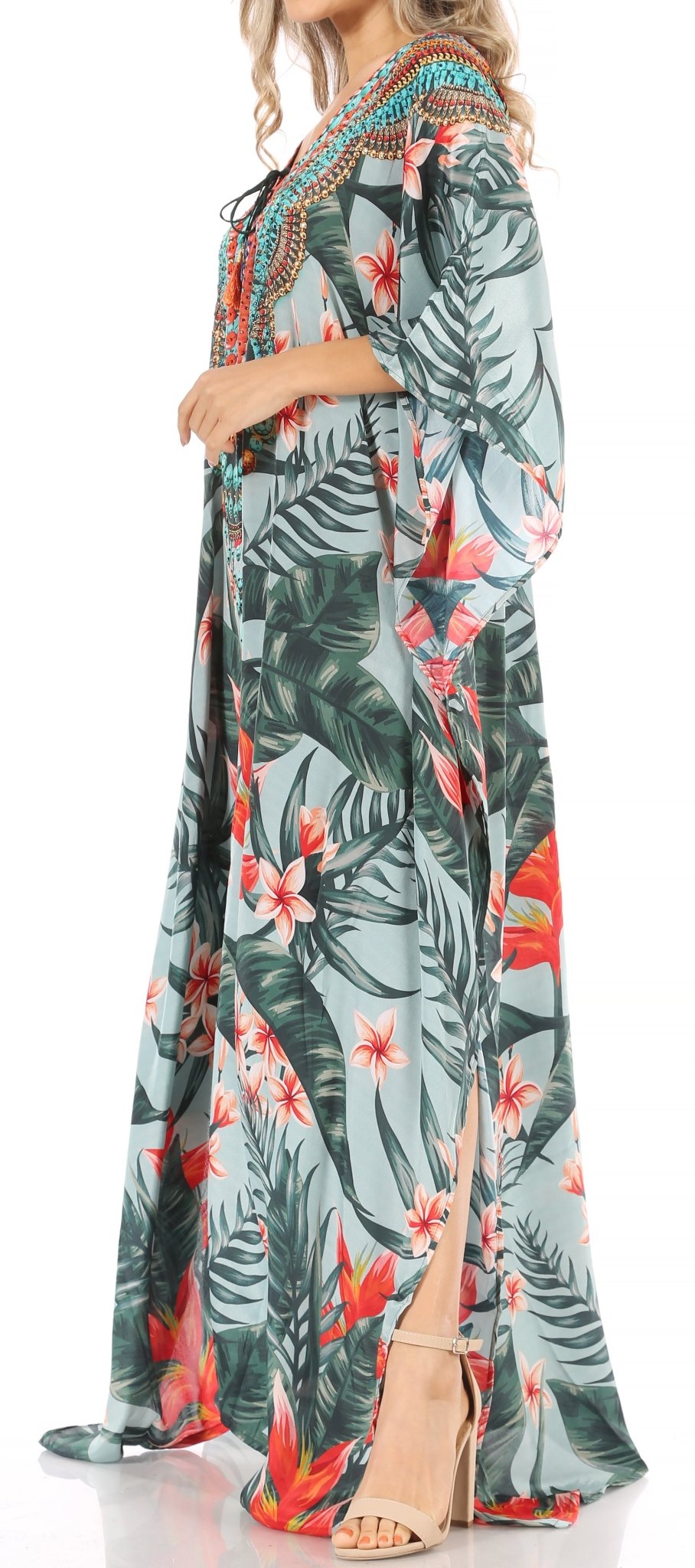 Sakkas Milanna Women's V neck Short Sleeve Vibrant Print Caftan Dress Cover-up dresses La Vie Bien Sakkas Milanna Women's V neck Short Sleeve Vibrant Print Caftan Dress Cover-up