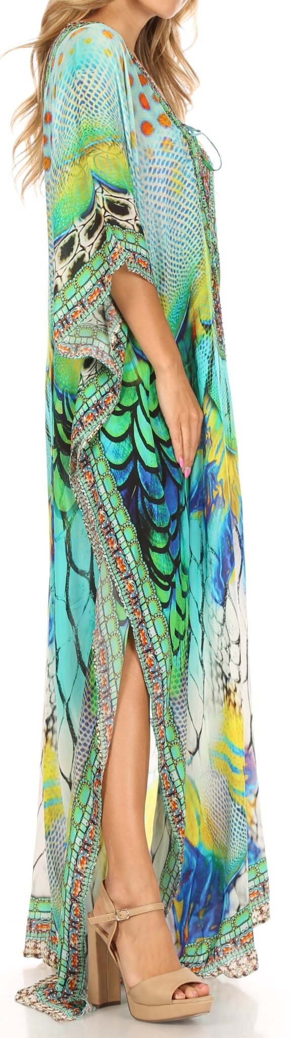Sakkas Milanna Women's V neck Short Sleeve Vibrant Print Caftan Dress Cover-up dresses La Vie Bien Sakkas Milanna Women's V neck Short Sleeve Vibrant Print Caftan Dress Cover-up