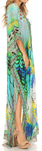 Sakkas Milanna Women's V neck Short Sleeve Vibrant Print Caftan Dress Cover-up dresses La Vie Bien Sakkas Milanna Women's V neck Short Sleeve Vibrant Print Caftan Dress Cover-up