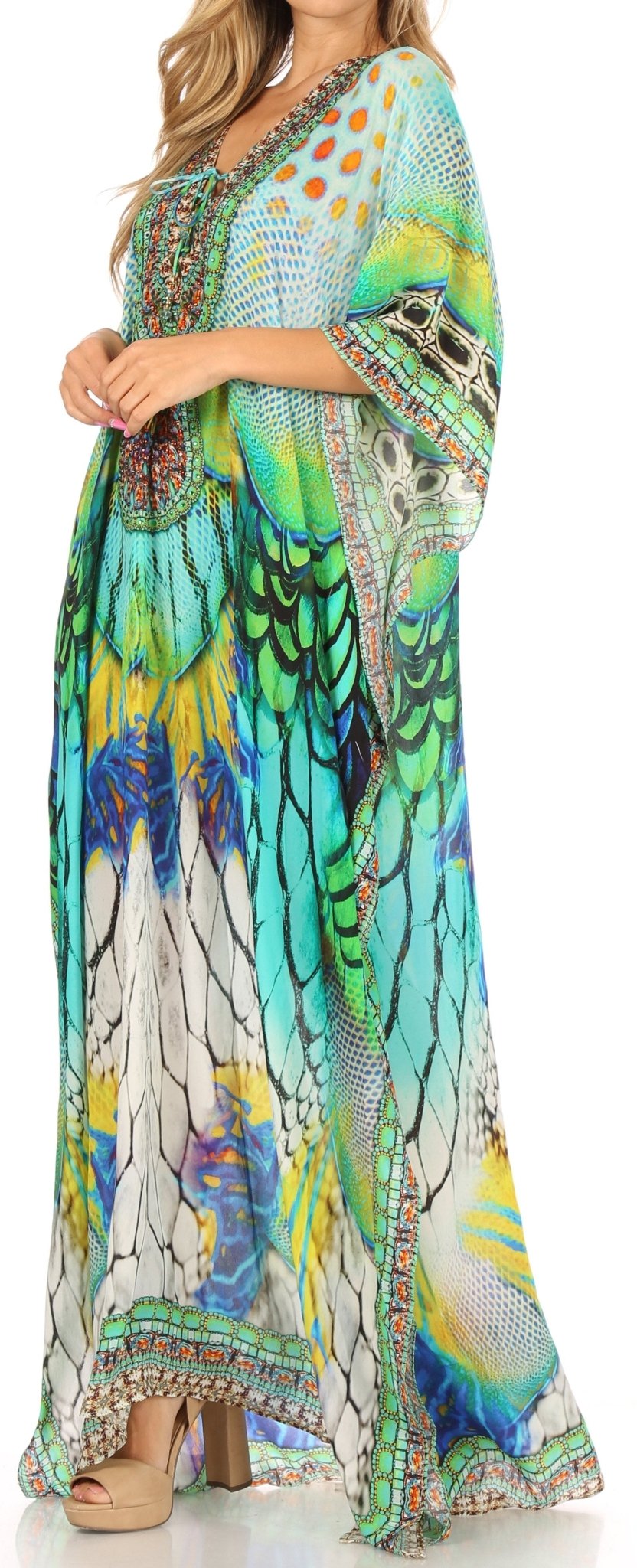 Sakkas Milanna Women's V neck Short Sleeve Vibrant Print Caftan Dress Cover-up dresses La Vie Bien Sakkas Milanna Women's V neck Short Sleeve Vibrant Print Caftan Dress Cover-up