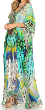 Sakkas Milanna Women's V neck Short Sleeve Vibrant Print Caftan Dress Cover-up dresses La Vie Bien Sakkas Milanna Women's V neck Short Sleeve Vibrant Print Caftan Dress Cover-up
