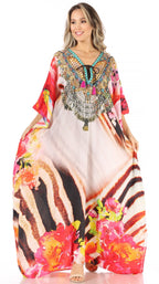 Sakkas Milanna Women's V neck Short Sleeve Vibrant Print Caftan Dress Cover-up dresses La Vie Bien Sakkas Milanna Women's V neck Short Sleeve Vibrant Print Caftan Dress Cover-up