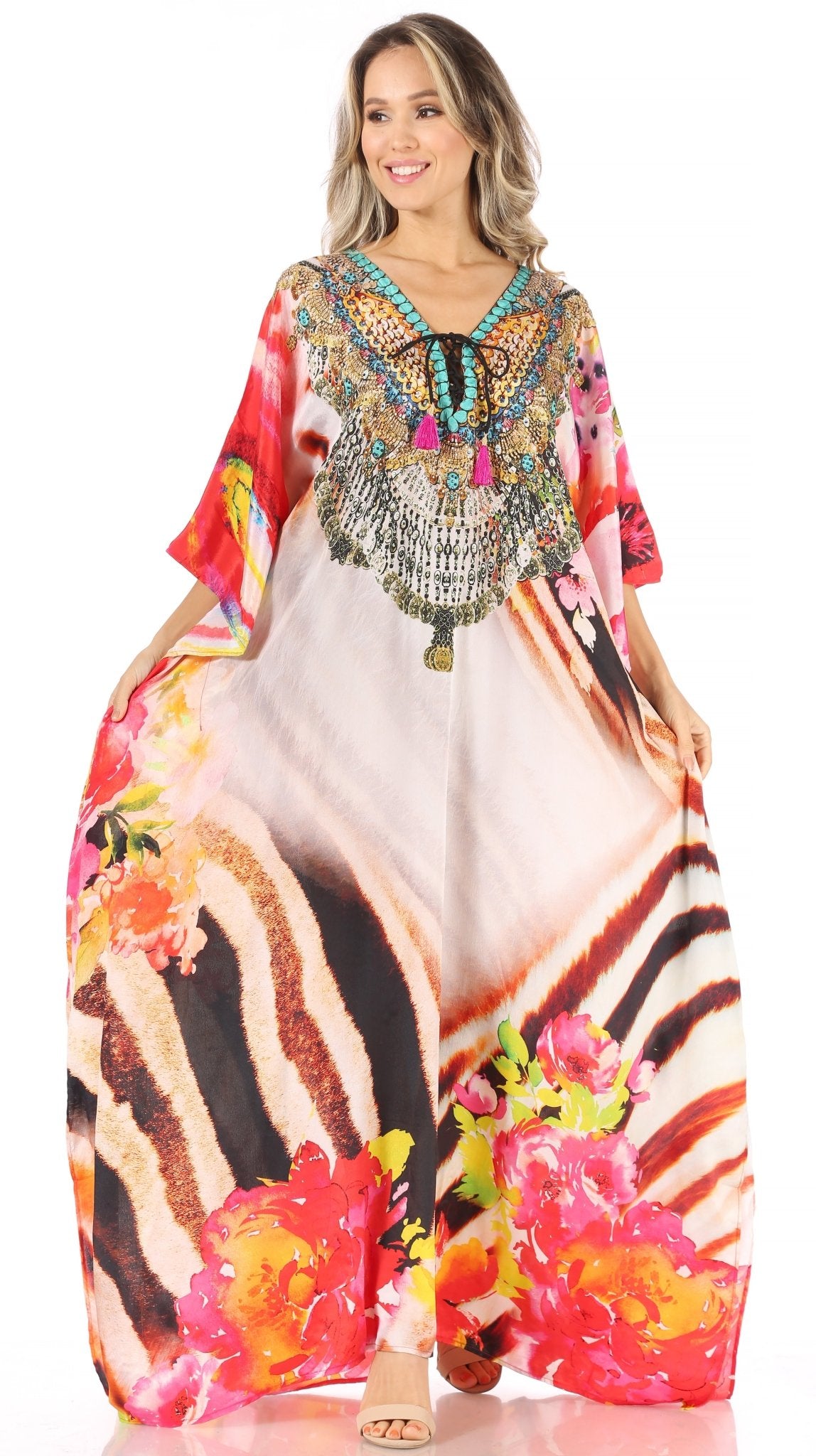 Sakkas Milanna Women's V neck Short Sleeve Vibrant Print Caftan Dress Cover-up dresses La Vie Bien Sakkas Milanna Women's V neck Short Sleeve Vibrant Print Caftan Dress Cover-up