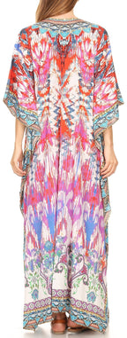 Sakkas Milanna Women's V neck Short Sleeve Vibrant Print Caftan Dress Cover-up dresses La Vie Bien Sakkas Milanna Women's V neck Short Sleeve Vibrant Print Caftan Dress Cover-up