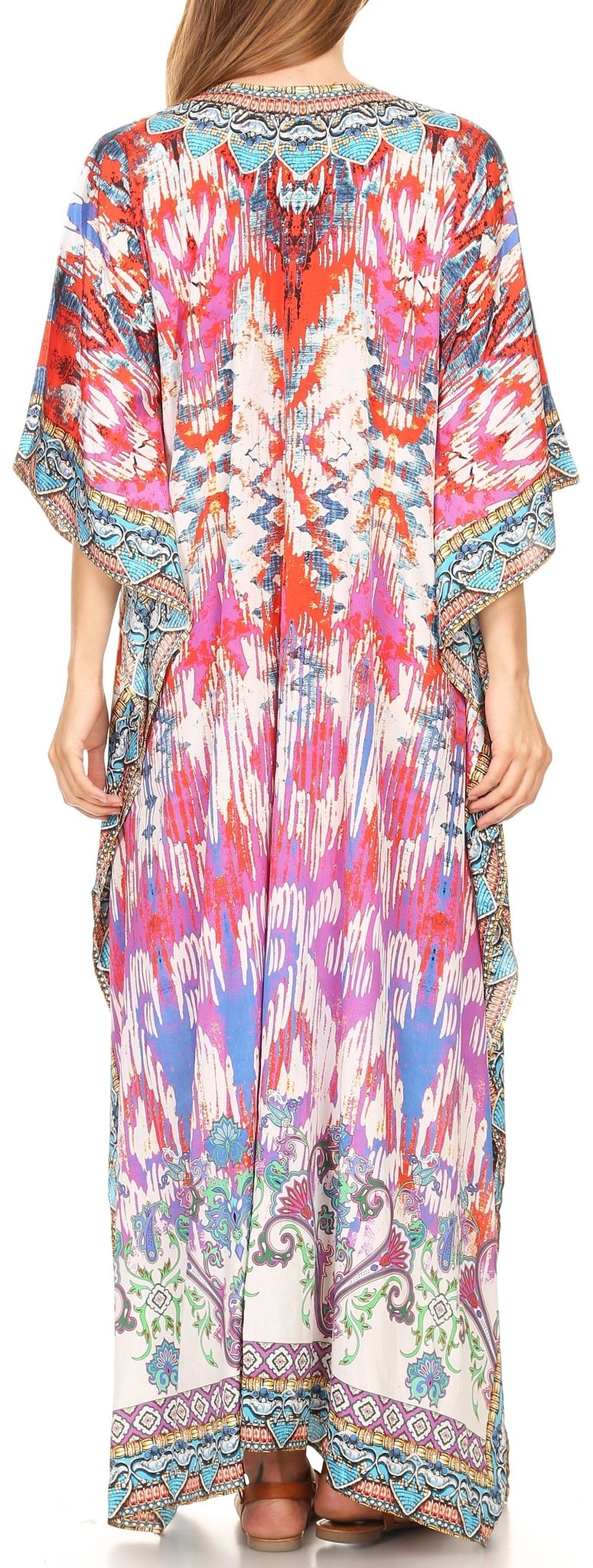 Sakkas Milanna Women's V neck Short Sleeve Vibrant Print Caftan Dress Cover-up dresses La Vie Bien Sakkas Milanna Women's V neck Short Sleeve Vibrant Print Caftan Dress Cover-up