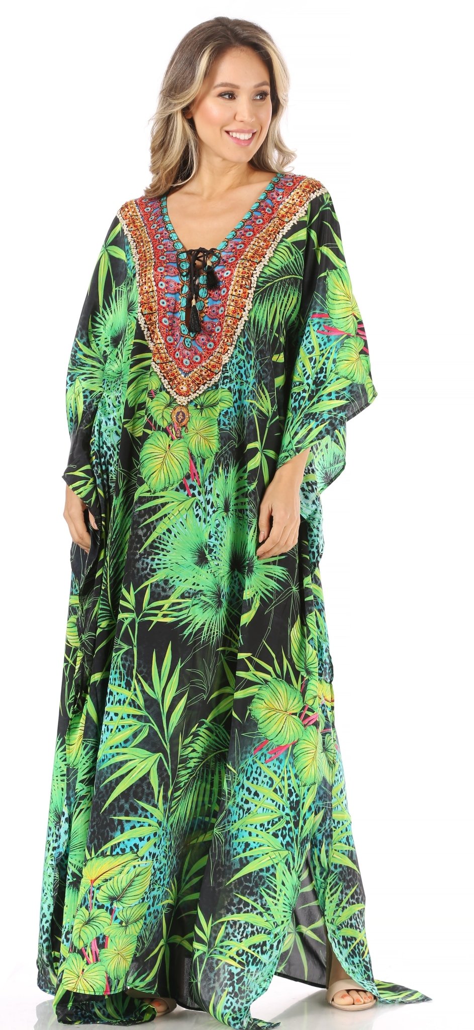 Sakkas Milanna Women's V neck Short Sleeve Vibrant Print Caftan Dress Cover-up dresses La Vie Bien Sakkas Milanna Women's V neck Short Sleeve Vibrant Print Caftan Dress Cover-up