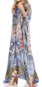 Sakkas Milanna Women's V neck Short Sleeve Vibrant Print Caftan Dress Cover-up dresses La Vie Bien Sakkas Milanna Women's V neck Short Sleeve Vibrant Print Caftan Dress Cover-up