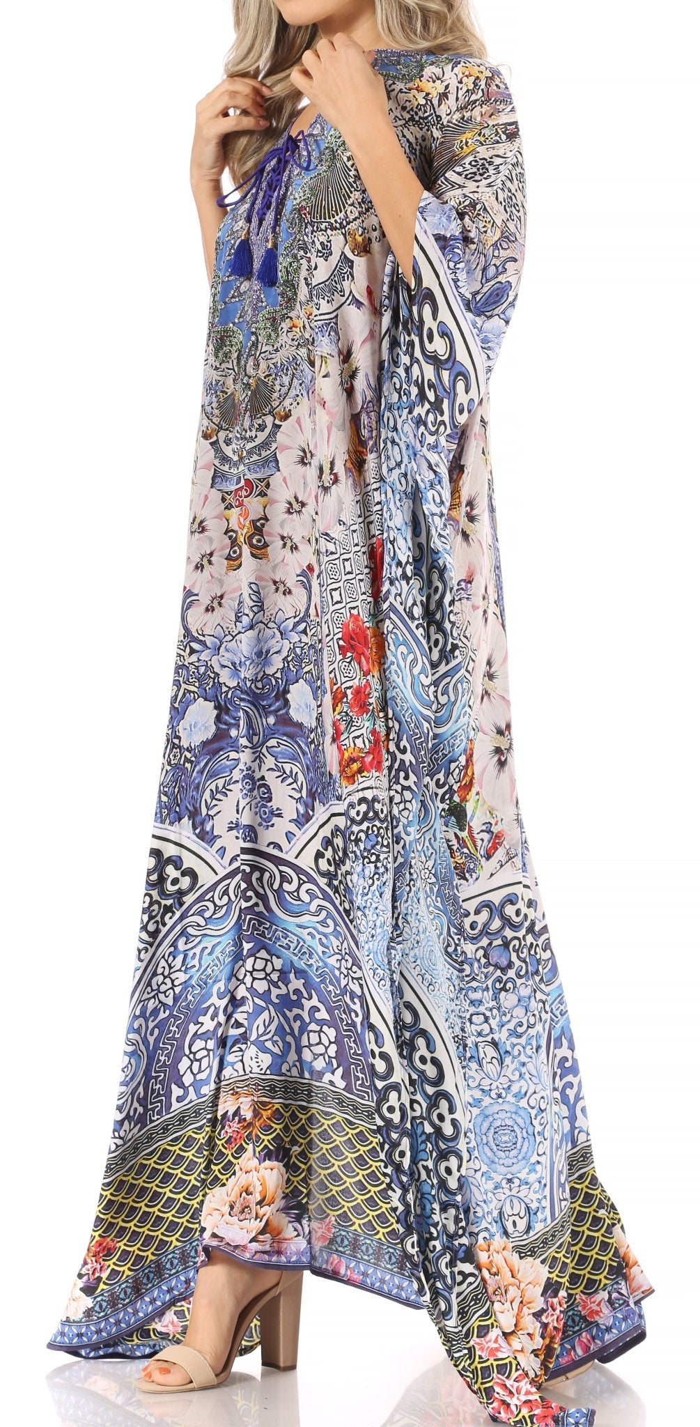 Sakkas Milanna Women's V neck Short Sleeve Vibrant Print Caftan Dress Cover-up dresses La Vie Bien Sakkas Milanna Women's V neck Short Sleeve Vibrant Print Caftan Dress Cover-up