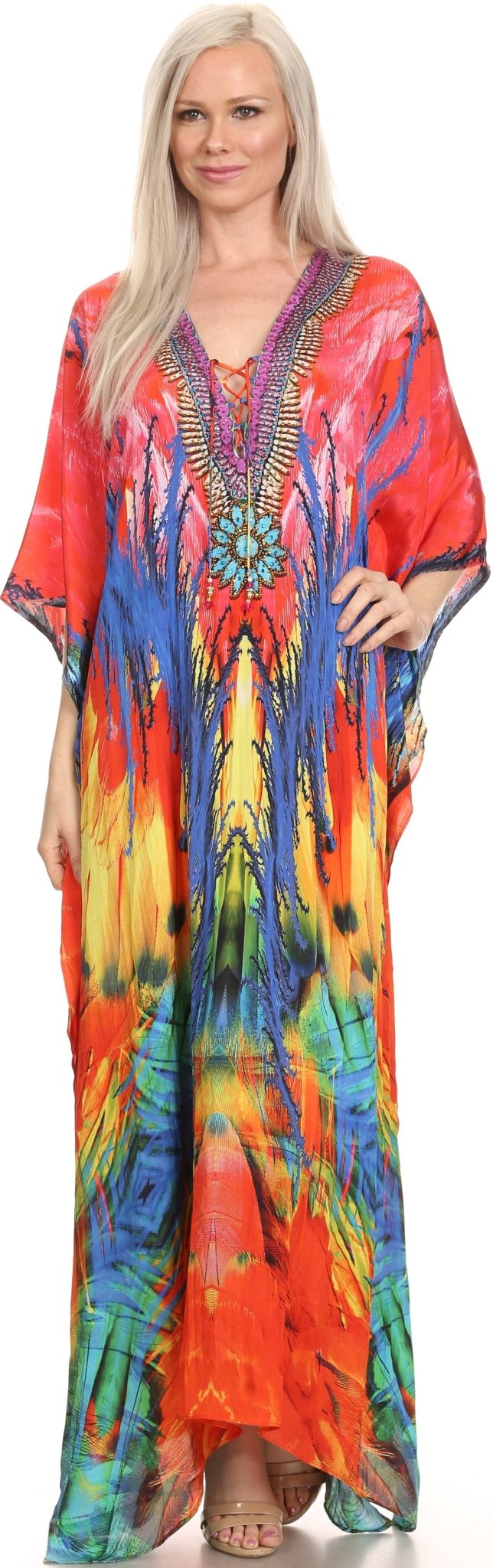 Sakkas Milanna Women's V neck Short Sleeve Vibrant Print Caftan Dress Cover-up dresses La Vie Bien Sakkas Milanna Women's V neck Short Sleeve Vibrant Print Caftan Dress Cover-up