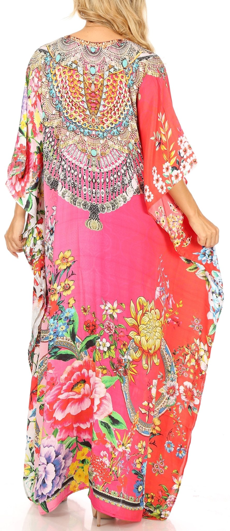 Sakkas Milanna Women's V neck Short Sleeve Vibrant Print Caftan Dress Cover-up dresses La Vie Bien Sakkas Milanna Women's V neck Short Sleeve Vibrant Print Caftan Dress Cover-up