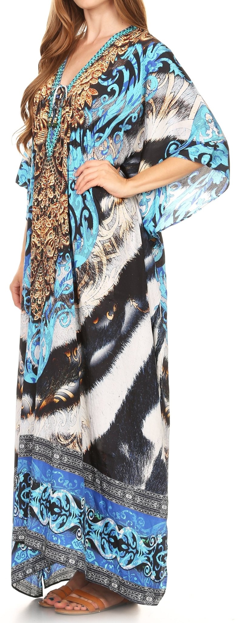 Sakkas Milanna Women's V neck Short Sleeve Vibrant Print Caftan Dress Cover-up dresses La Vie Bien Sakkas Milanna Women's V neck Short Sleeve Vibrant Print Caftan Dress Cover-up