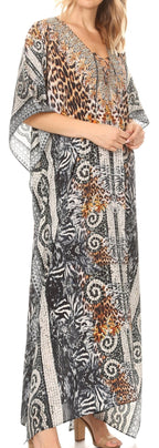 Sakkas Milanna Women's V neck Short Sleeve Vibrant Print Caftan Dress Cover-up dresses La Vie Bien Sakkas Milanna Women's V neck Short Sleeve Vibrant Print Caftan Dress Cover-up