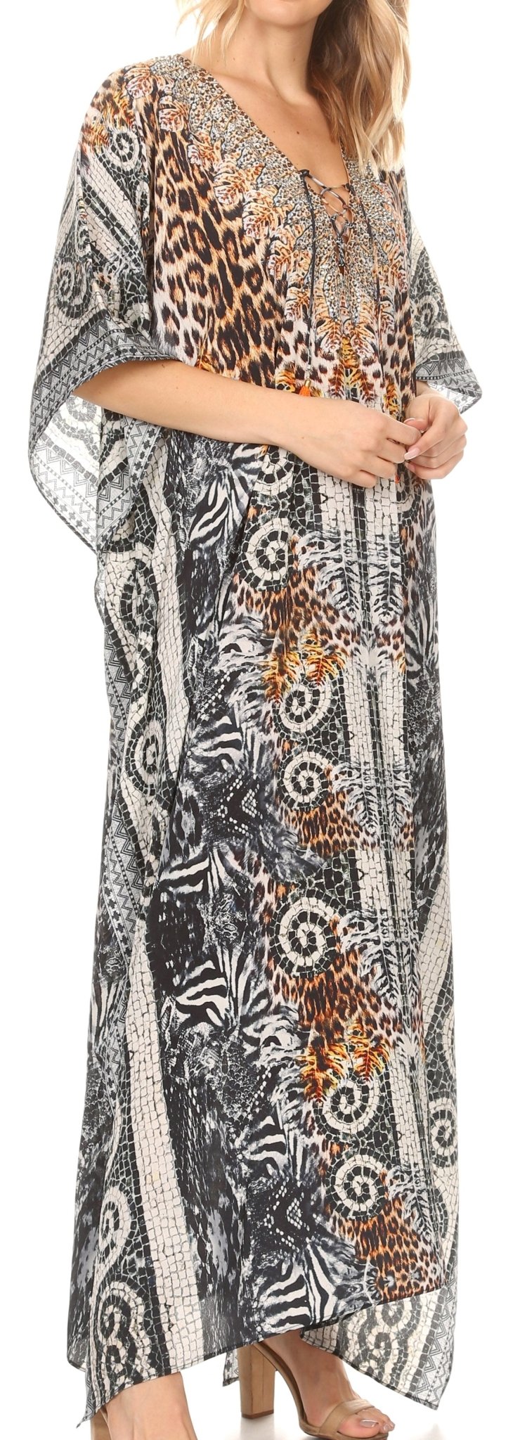Sakkas Milanna Women's V neck Short Sleeve Vibrant Print Caftan Dress Cover-up dresses La Vie Bien Sakkas Milanna Women's V neck Short Sleeve Vibrant Print Caftan Dress Cover-up
