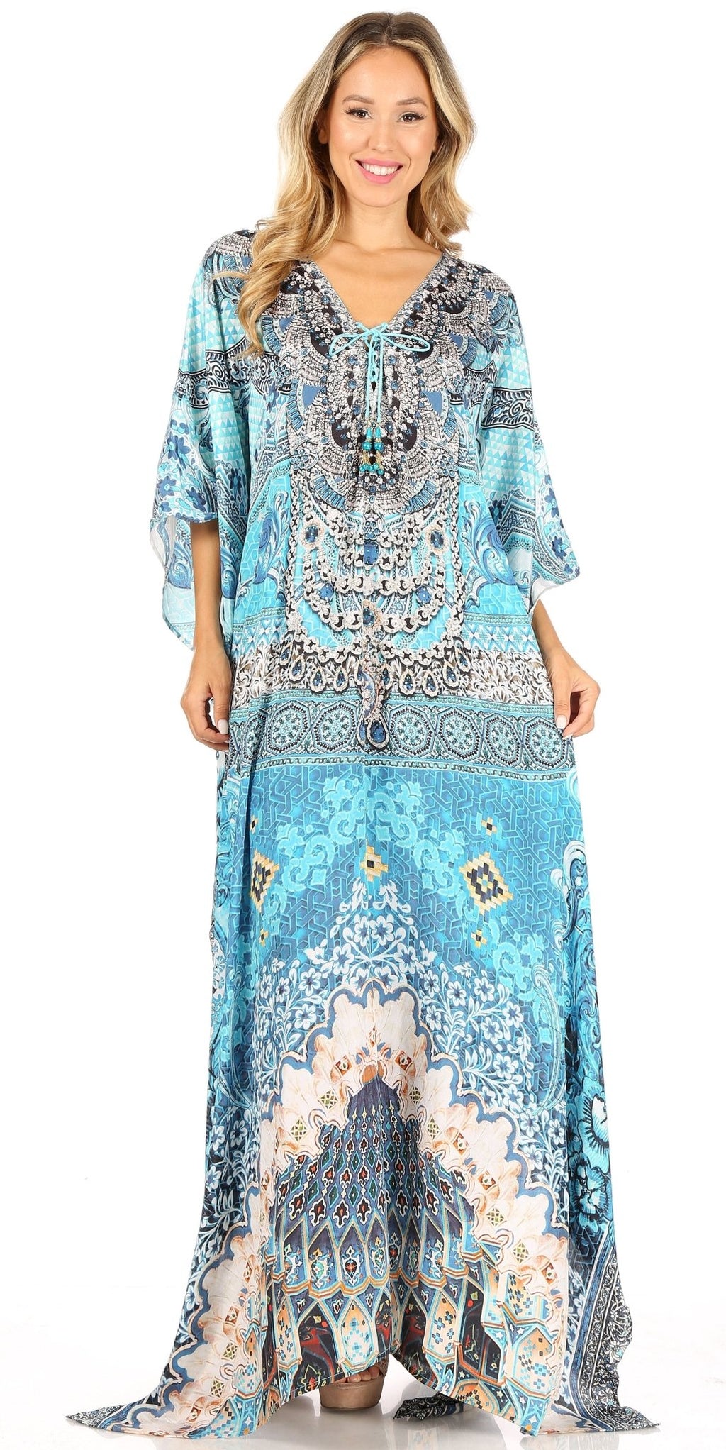 Sakkas Milanna Women's V neck Short Sleeve Vibrant Print Caftan Dress Cover-up dresses La Vie Bien Sakkas Milanna Women's V neck Short Sleeve Vibrant Print Caftan Dress Cover-up