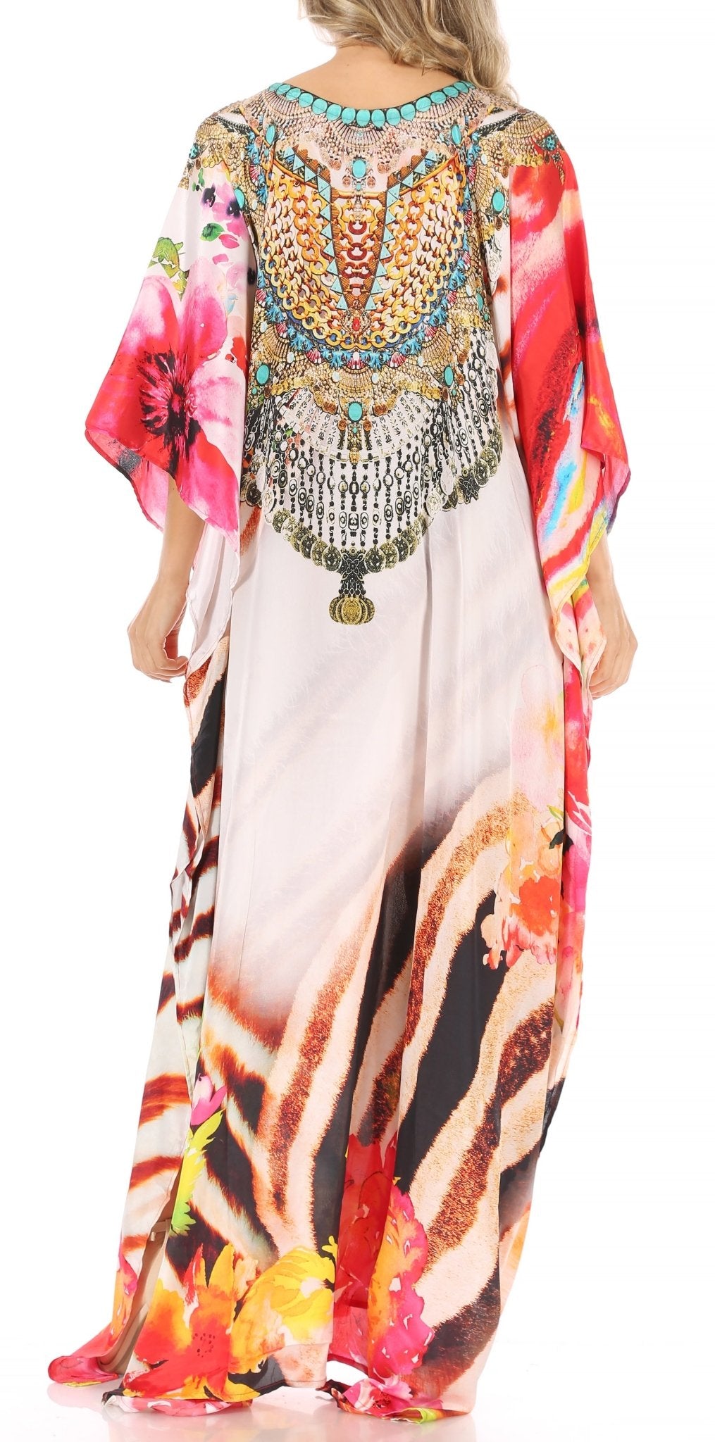 Sakkas Milanna Women's V neck Short Sleeve Vibrant Print Caftan Dress Cover-up dresses La Vie Bien Sakkas Milanna Women's V neck Short Sleeve Vibrant Print Caftan Dress Cover-up