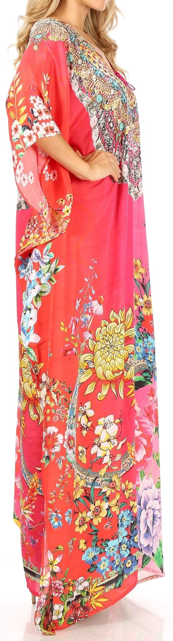 Sakkas Milanna Women's V neck Short Sleeve Vibrant Print Caftan Dress Cover-up dresses La Vie Bien Sakkas Milanna Women's V neck Short Sleeve Vibrant Print Caftan Dress Cover-up