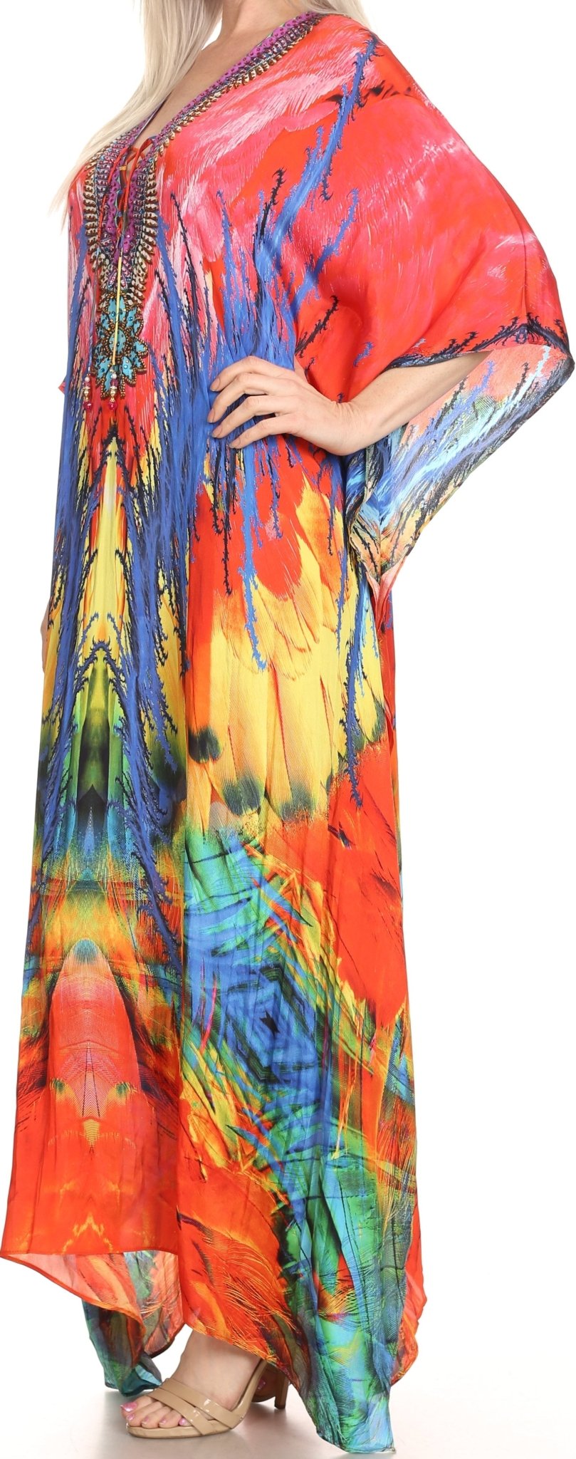 Sakkas Milanna Women's V neck Short Sleeve Vibrant Print Caftan Dress Cover-up dresses La Vie Bien Sakkas Milanna Women's V neck Short Sleeve Vibrant Print Caftan Dress Cover-up