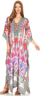 Sakkas Milanna Women's V neck Short Sleeve Vibrant Print Caftan Dress Cover-up dresses La Vie Bien Sakkas Milanna Women's V neck Short Sleeve Vibrant Print Caftan Dress Cover-up
