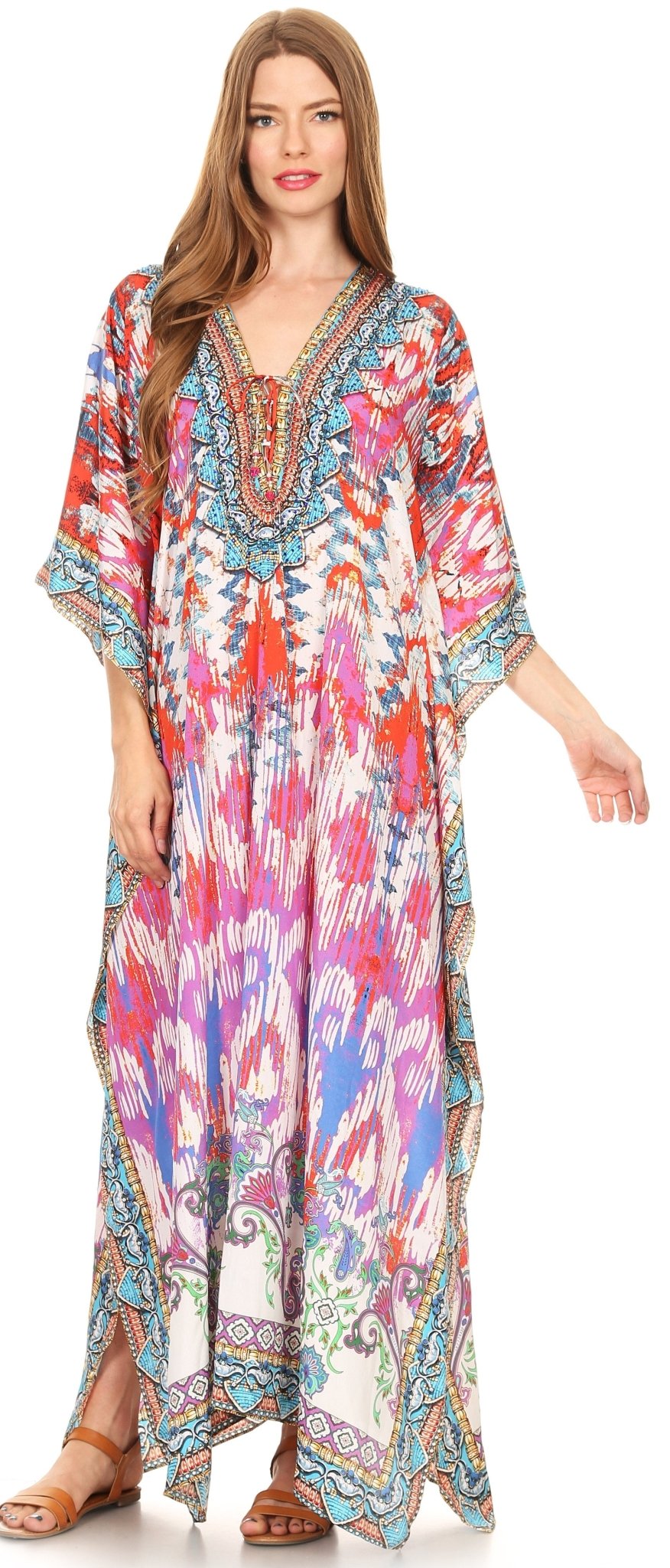 Sakkas Milanna Women's V neck Short Sleeve Vibrant Print Caftan Dress Cover-up dresses La Vie Bien Sakkas Milanna Women's V neck Short Sleeve Vibrant Print Caftan Dress Cover-up
