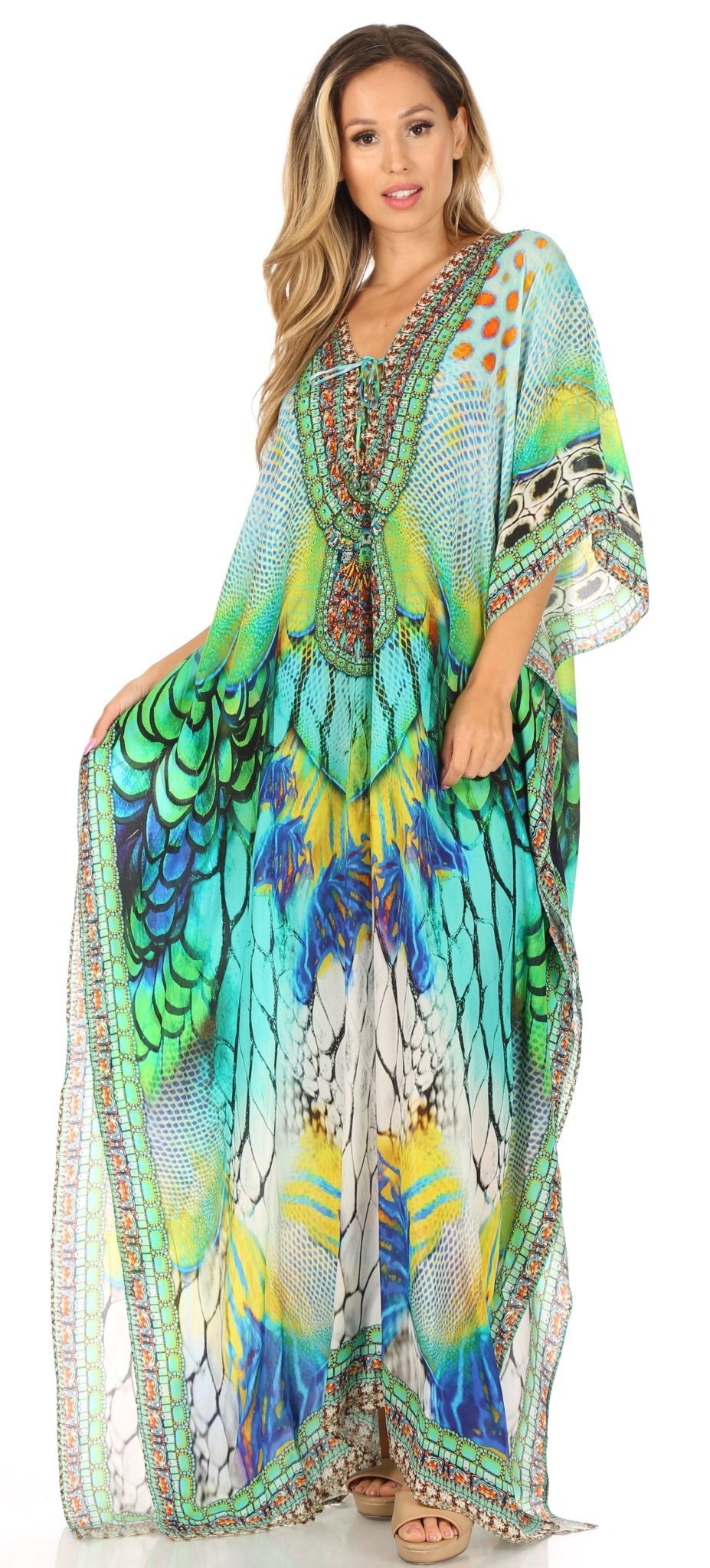 Sakkas Milanna Women's V neck Short Sleeve Vibrant Print Caftan Dress Cover-up dresses La Vie Bien Sakkas Milanna Women's V neck Short Sleeve Vibrant Print Caftan Dress Cover-up