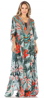 Sakkas Milanna Women's V neck Short Sleeve Vibrant Print Caftan Dress Cover-up dresses La Vie Bien Sakkas Milanna Women's V neck Short Sleeve Vibrant Print Caftan Dress Cover-up