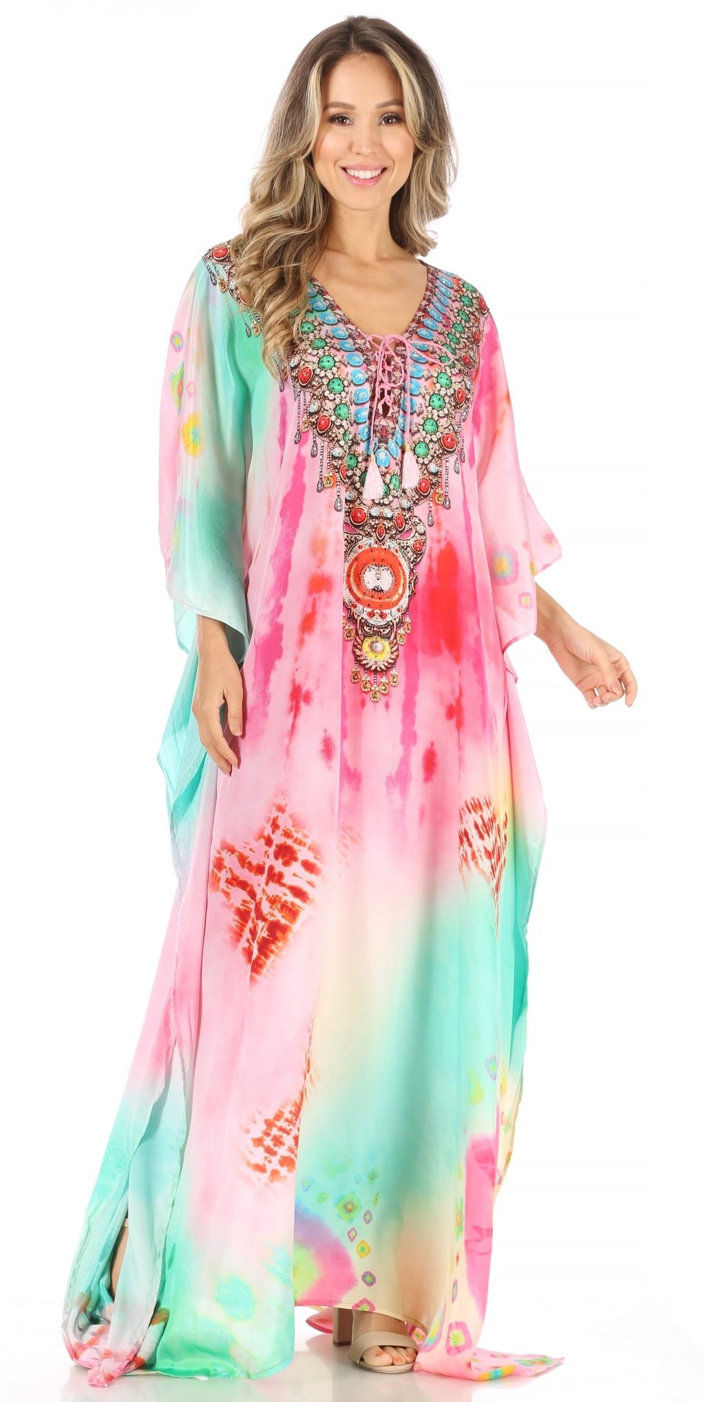 Sakkas Milanna Women's V neck Short Sleeve Vibrant Print Caftan Dress Cover-up dresses La Vie Bien Sakkas Milanna Women's V neck Short Sleeve Vibrant Print Caftan Dress Cover-up