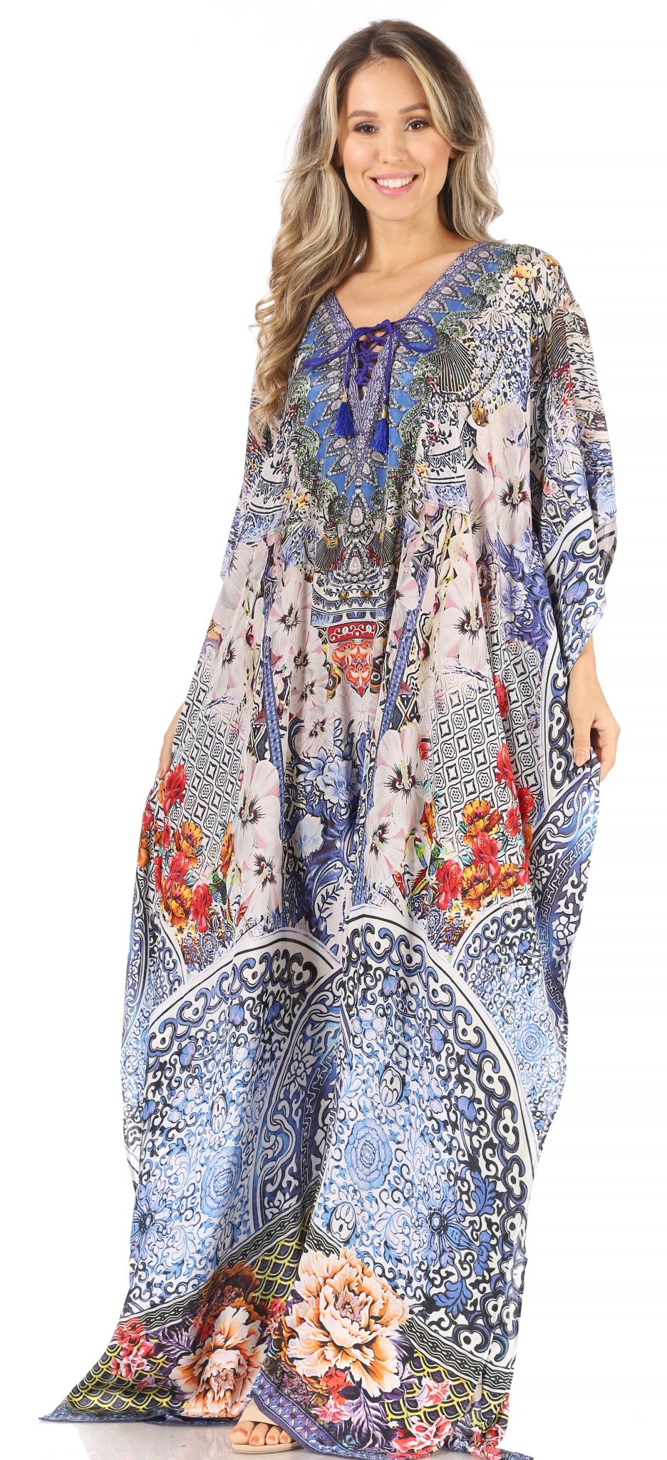Sakkas Milanna Women's V neck Short Sleeve Vibrant Print Caftan Dress Cover-up dresses La Vie Bien Sakkas Milanna Women's V neck Short Sleeve Vibrant Print Caftan Dress Cover-up