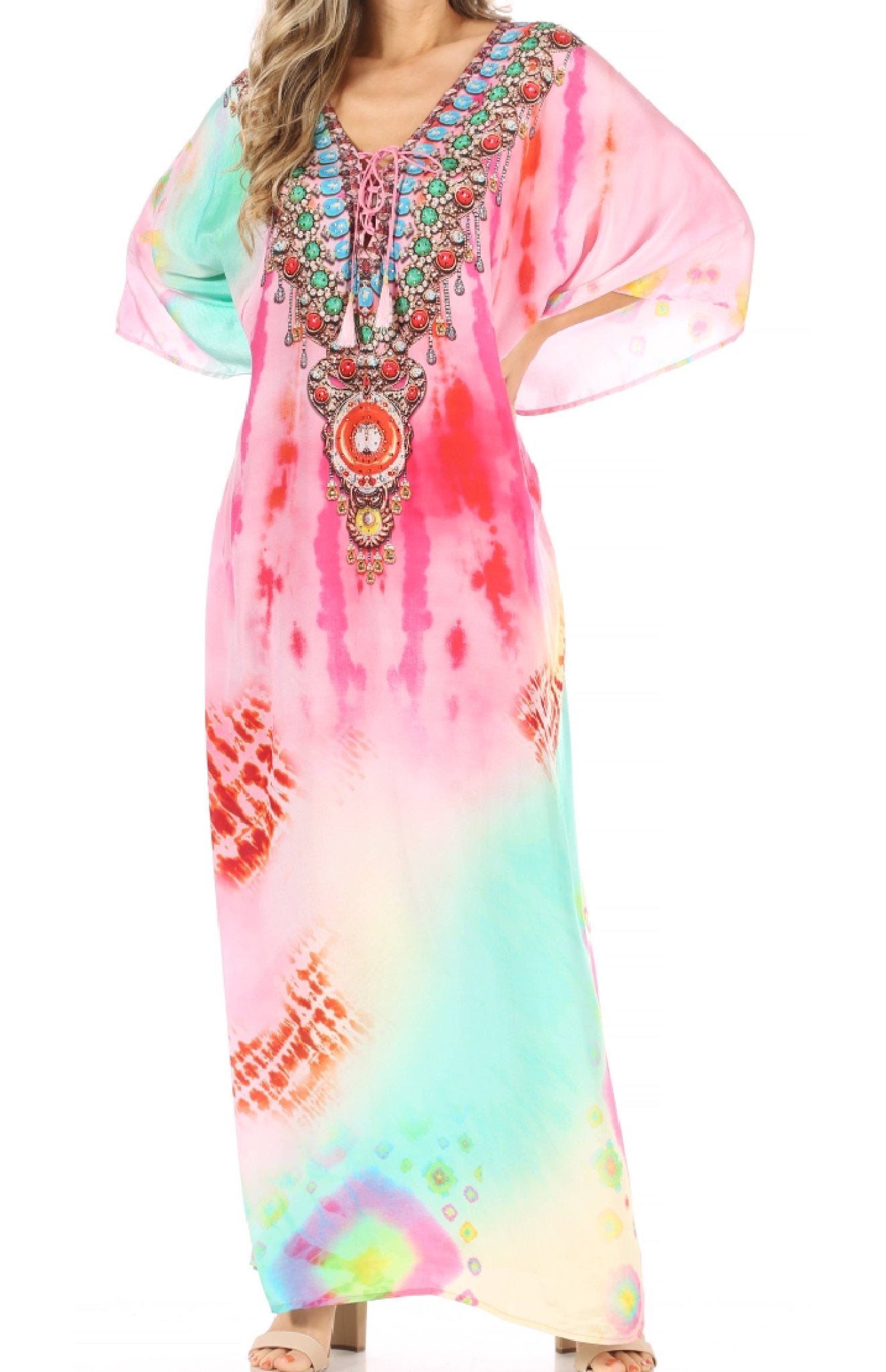 Sakkas Milanna Women's V neck Short Sleeve Vibrant Print Caftan Dress Cover-up dresses La Vie Bien Sakkas Milanna Women's V neck Short Sleeve Vibrant Print Caftan Dress Cover-up
