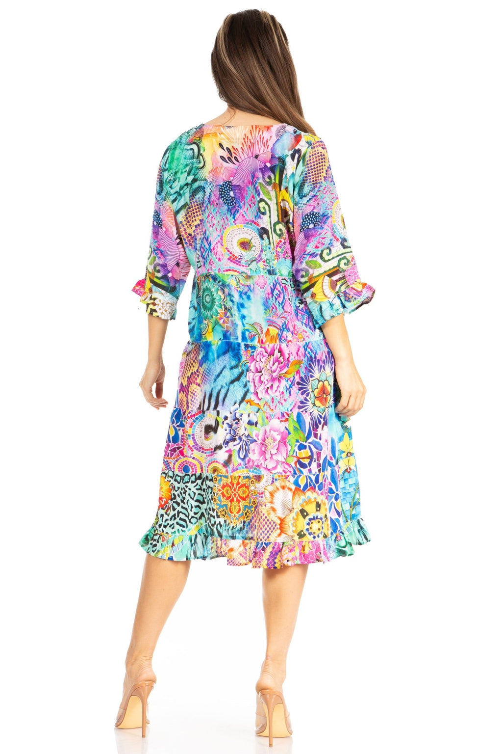 Sakkas Ozana Women's Floral Midi Cocktail Dress, V-Neck, 3/4 Sleeve dresses La Vie Bien Sakkas Ozana Women's Floral Midi Cocktail Dress, V-Neck, 3/4 Sleeve