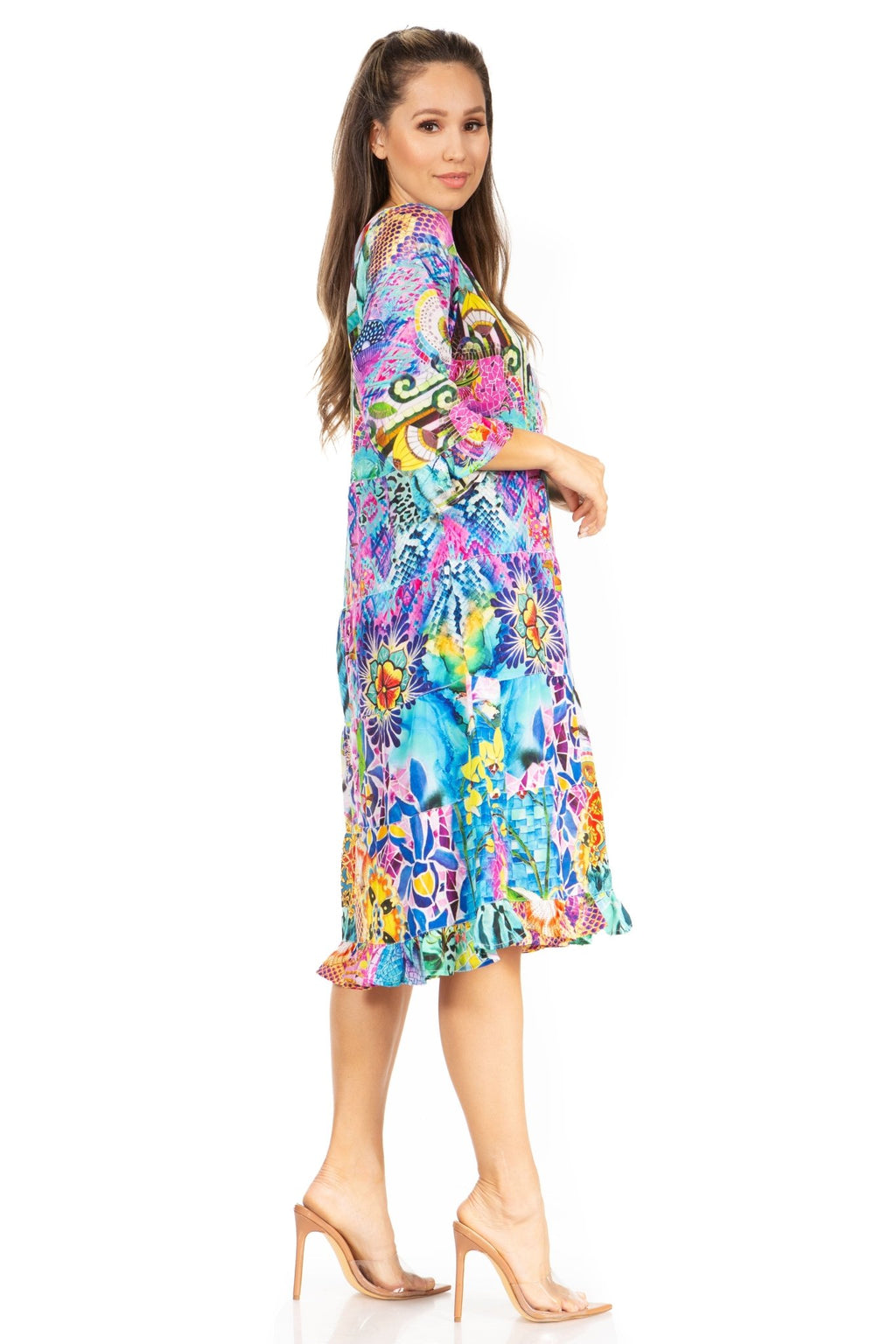 Sakkas Ozana Women's Floral Midi Cocktail Dress, V-Neck, 3/4 Sleeve dresses La Vie Bien Sakkas Ozana Women's Floral Midi Cocktail Dress, V-Neck, 3/4 Sleeve