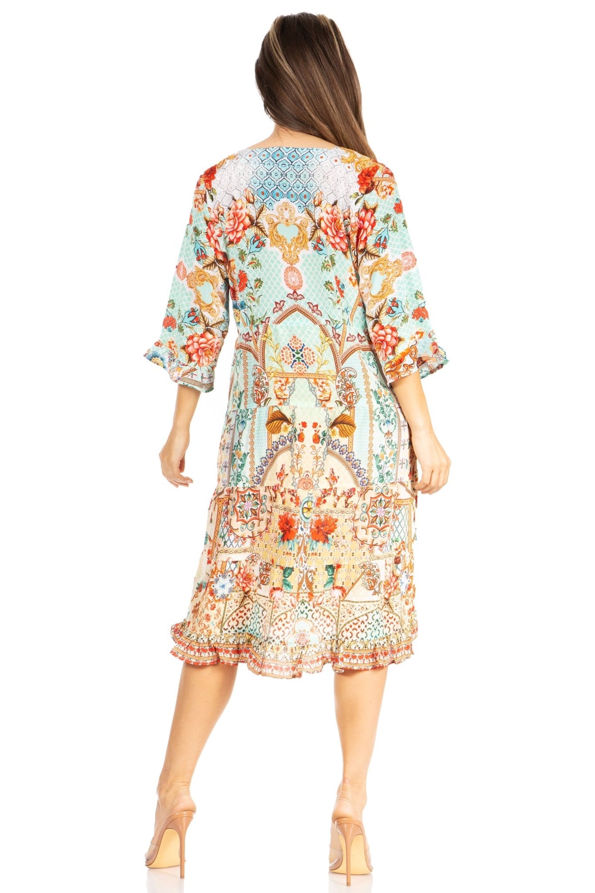 Sakkas Ozana Women's Floral Midi Cocktail Dress, V-Neck, 3/4 Sleeve dresses La Vie Bien Sakkas Ozana Women's Floral Midi Cocktail Dress, V-Neck, 3/4 Sleeve