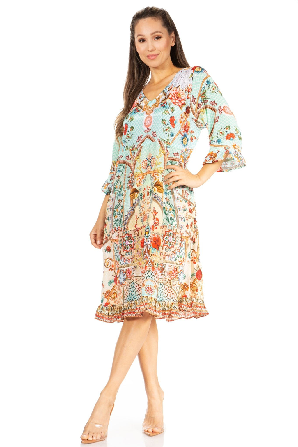 Sakkas Ozana Women's Floral Midi Cocktail Dress, V-Neck, 3/4 Sleeve dresses La Vie Bien Sakkas Ozana Women's Floral Midi Cocktail Dress, V-Neck, 3/4 Sleeve