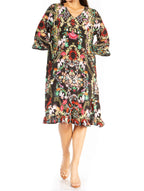 Sakkas Ozana Women's Floral Midi Cocktail Dress, V-Neck, 3/4 Sleeve dresses La Vie Bien Sakkas Ozana Women's Floral Midi Cocktail Dress, V-Neck, 3/4 Sleeve