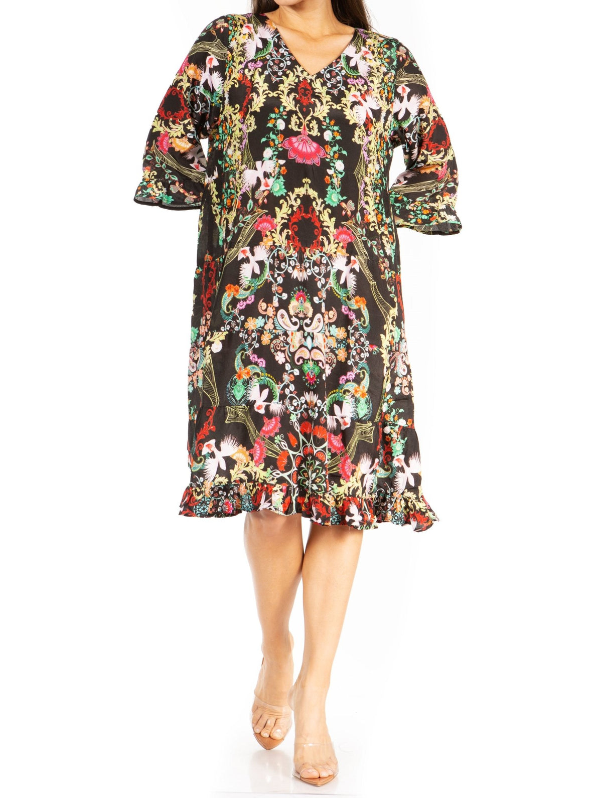 Sakkas Ozana Women's Floral Midi Cocktail Dress, V-Neck, 3/4 Sleeve dresses La Vie Bien Sakkas Ozana Women's Floral Midi Cocktail Dress, V-Neck, 3/4 Sleeve