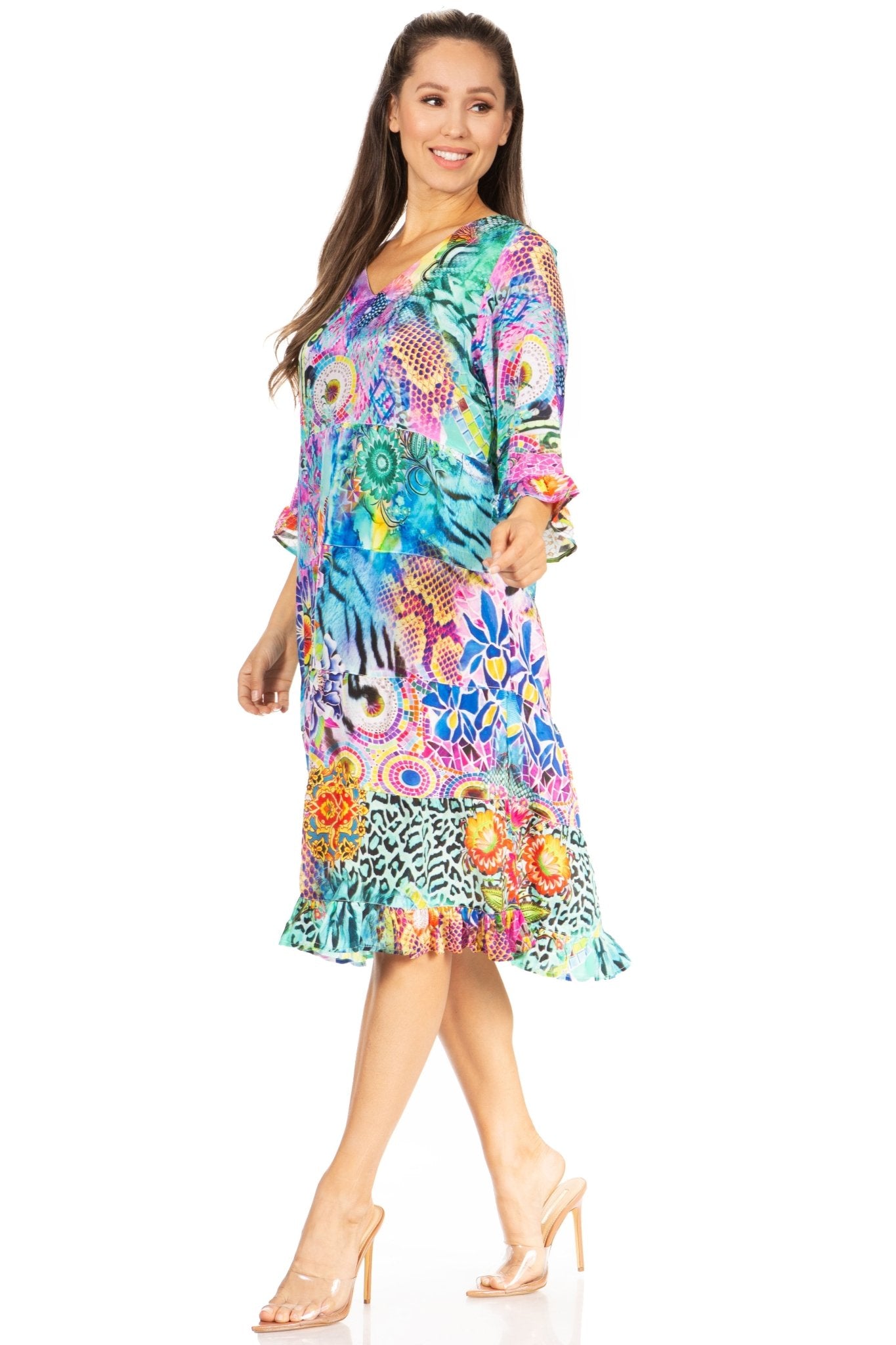 Sakkas Ozana Women's Floral Midi Cocktail Dress, V-Neck, 3/4 Sleeve dresses La Vie Bien Sakkas Ozana Women's Floral Midi Cocktail Dress, V-Neck, 3/4 Sleeve